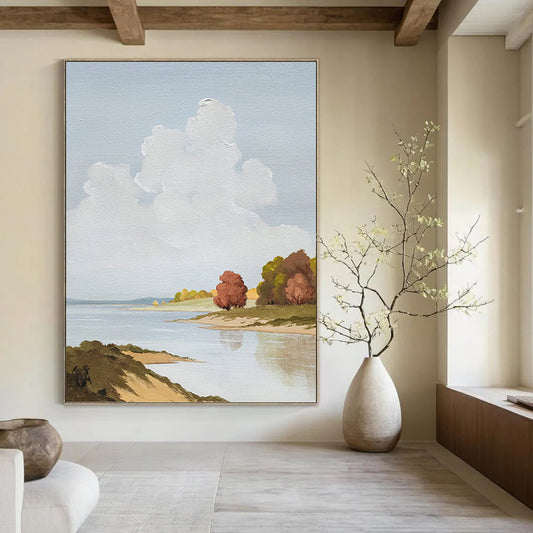 Serene Riverbank in Soft Blues and Greens - Landscape Painting On Canvas DKH1436