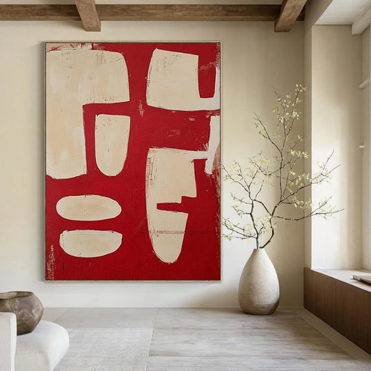 “Red & Beige Geometric Abstract” - Abstract Painting CT2367