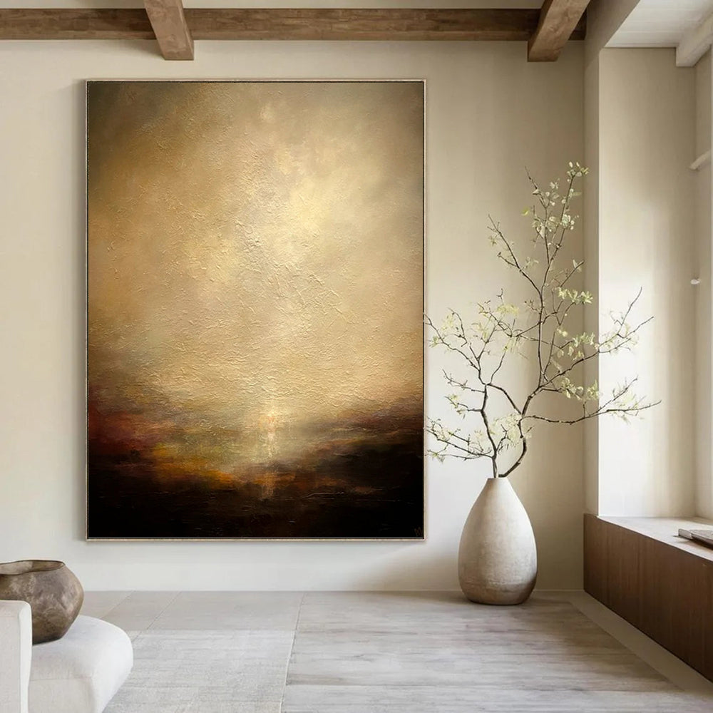 “Mystic Horizon” - Beige, Brown & Gold Abstract Landscape Painting On Canvas DKH1534