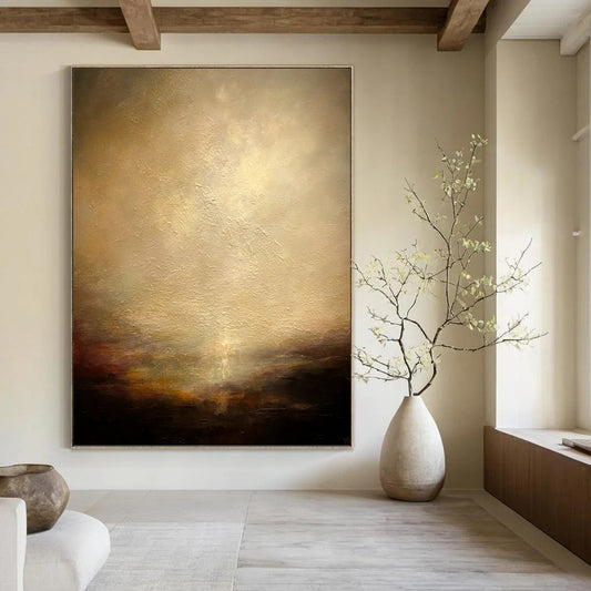 “Mystic Horizon” - Beige, Brown & Gold Abstract Landscape Painting On Canvas DKH1534