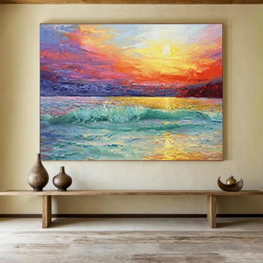 Vivid Sunset Seascape - Orange, Pink & Teal Ocean Painting On Canvas DKH892