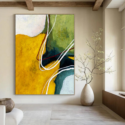 “Vibrant Color Block Abstract - Yellows, Greens, and Flowing Lines” Painting On Canvas CT2386