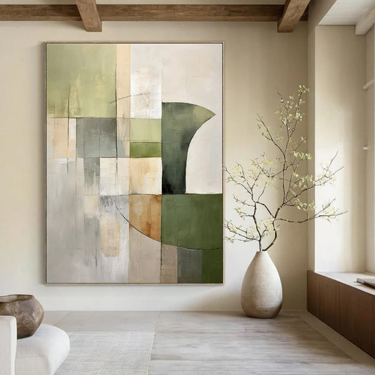 Earthy Greens, Browns & Greys, Geometric Collage - "Nature’s Grid" - Abstract Mixed - media Painting CT1440