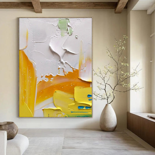 Bright Yellow & White Textured Abstraction - Impasto Abstract Acrylic On Canvas CT1346