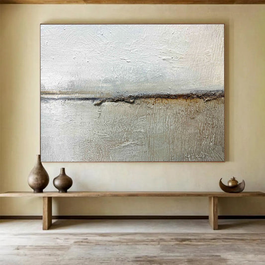 “Textured Neutral Divide” - White, Gray, Brown Minimalist Abstract Painting On Canvas DKH754