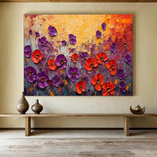Textured Poppy Field - Purple, Red & Orange Floral Painting On Canvas DKH901