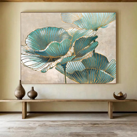 “Blue & Gold Floral Abstract” Abstract Decorative Painting On Canvas DKH428