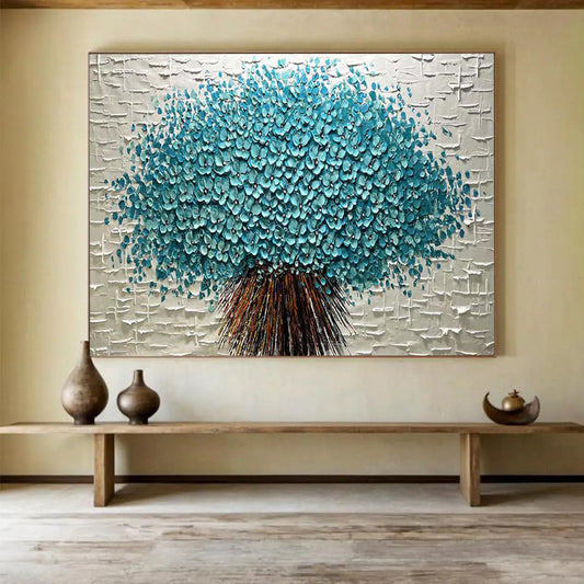 Textured Blue Flower Tree - Impasto Floral Painting On Canvas DLZ213
