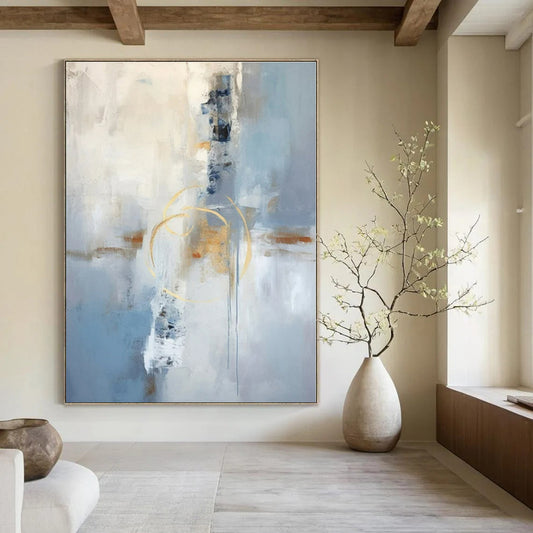 Soft Blue & Gold Abstraction - Abstract Expressionist Acrylic On Canvas CT1333