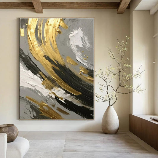 Gold, Black & White Swirl Detail - Abstract Impasto Oil CT1252