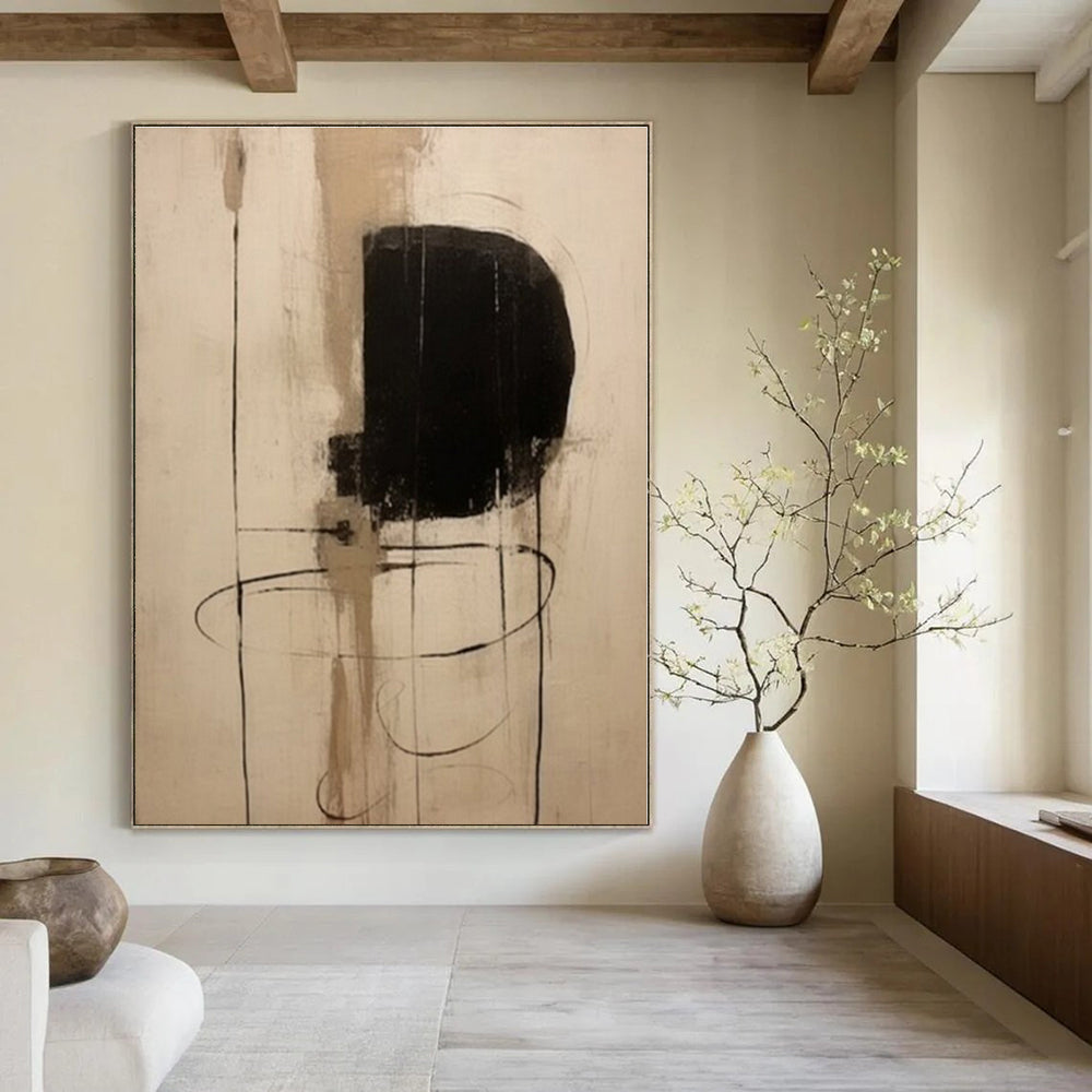 Minimalist Black & Beige Lines - Abstract Expressionist Ink & Acrylic CT1290