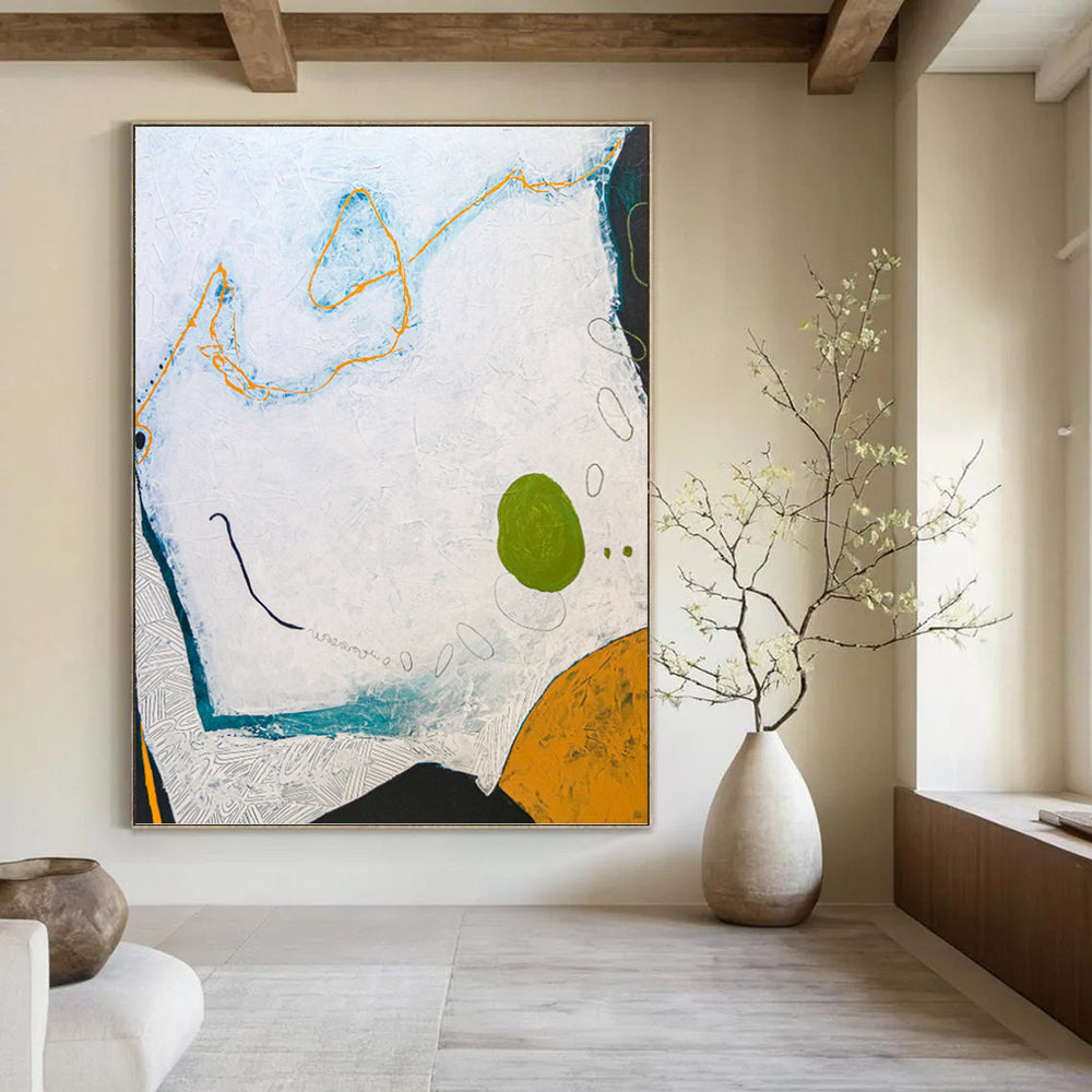 “Textured Abstract with White, Blue, Orange, and Green” - Playful Mixed - Media Painting On Canvas DKH1107