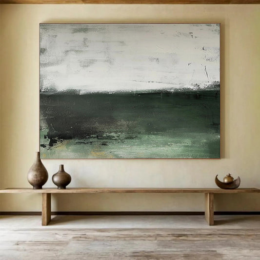 Muted Green and White Horizons Subtle Color Block Abstract Painting On Canvas DKH264