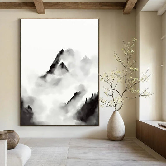 “Ink - Wash Mountain Clouds” - Black and White Ink - Wash Painting On Canvas DTP207