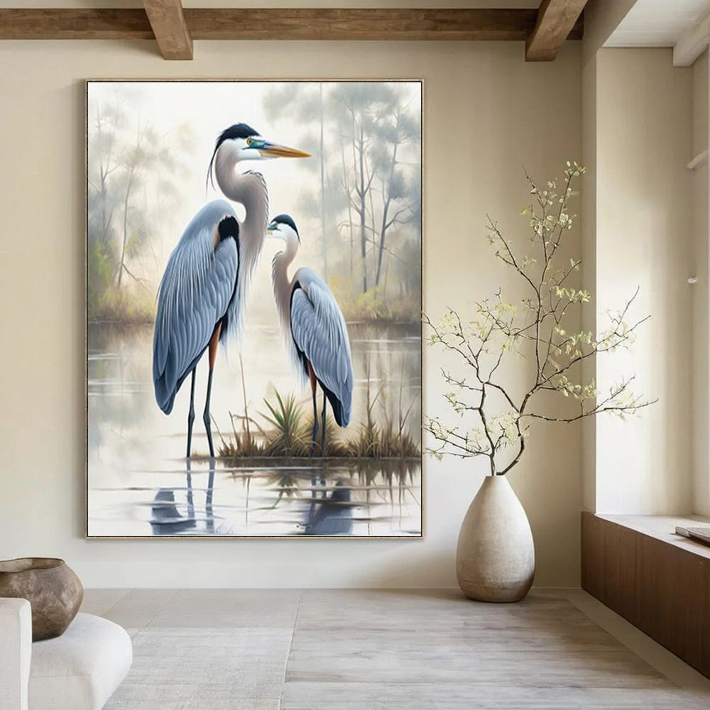 Blue Herons in Misty Marsh - Realistic Wildlife Painting On Canvas DKH1400