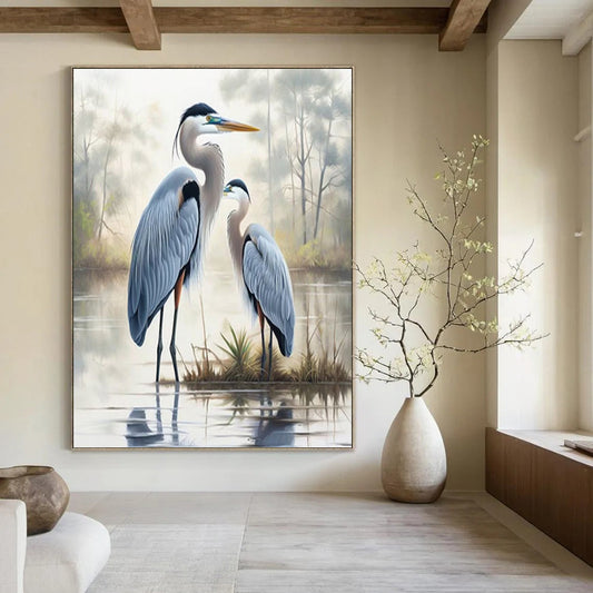 Blue Herons in Misty Marsh - Realistic Wildlife Painting On Canvas DKH1400