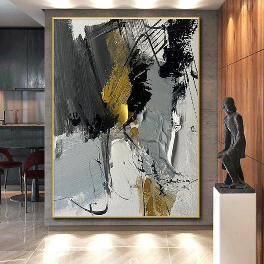 “Gray - Black - Gold Abstract Fusion” ,Abstract Acrylic Painting CT0792