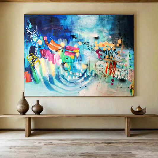 Blue Abstract with Colorful Forms - Eclectic Shapes and Lively Marks Painting On Canvas DKH064