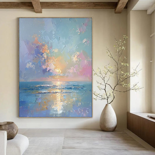 “Pastel Sea Sunset” - Blue, Pink & Orange Seaside Sunset Painting On Canvas CT2202