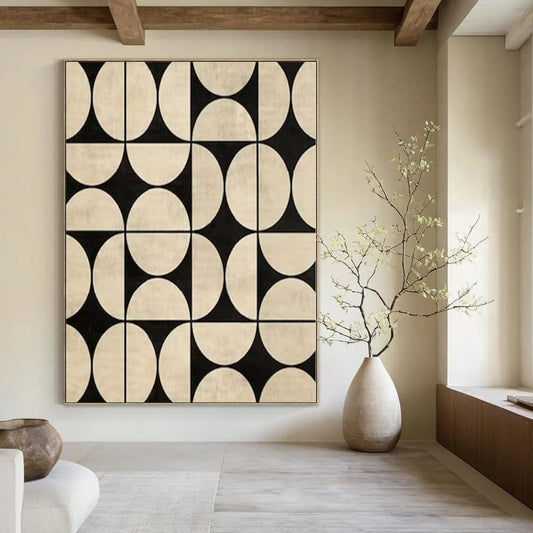 “Symmetrical Black - Beige Circles” – Abstract Geometric Pattern Painting CT1082
