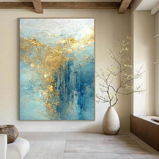 “Azure - Gold Abstract Cascade” - Abstract Expressionist Painting On Canvas DTP063