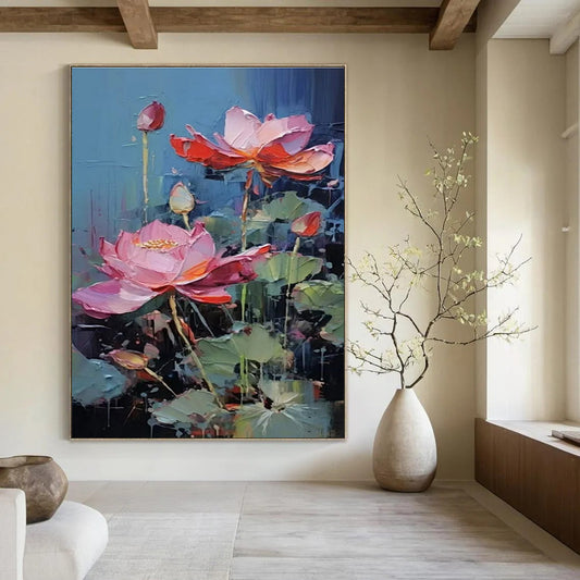 Pink & Red Lotuses, Textured Petals - "Lotus Rhapsody" - Impasto Oil Painting CT1436