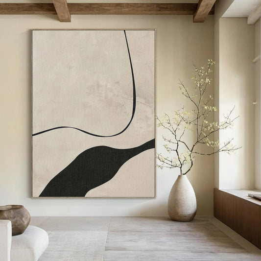 Beige & Black Curves - Minimalist Flow Painting On Canvas DKH1148