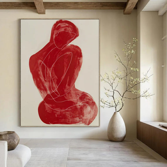 “Red Line Figure” - Minimalist Abstract Figure Painting On Canvas CT2228