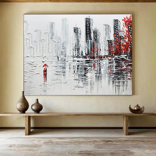 Cityscape with Red Accents - Gray, White & Red Urban Painting On Canvas DKH886