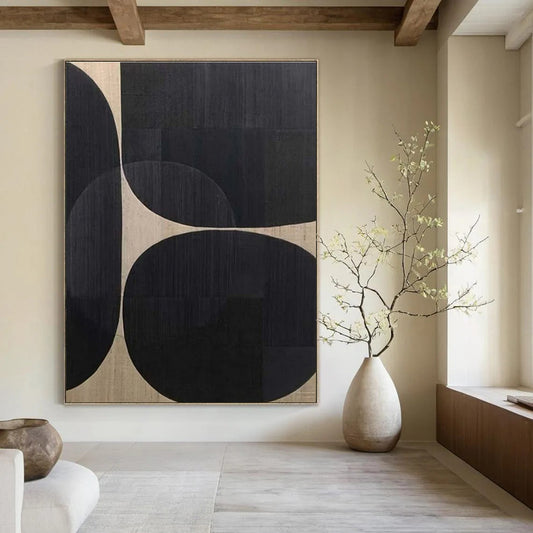 Black Circles on Beige - "Geometric Rhythm" - Abstract Minimalist Painting CT1474