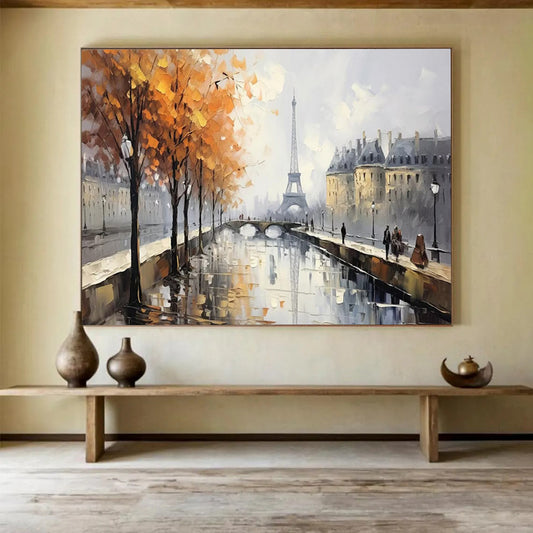 Autumn Paris River Scene with Eiffel Tower - Impressionist Landscape Painting On Canvas DLZ171