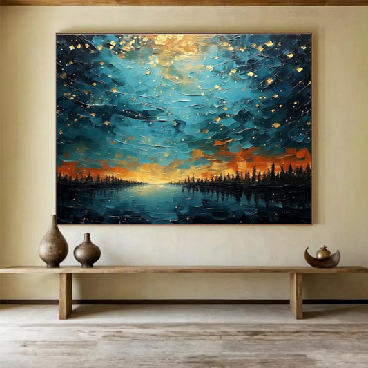 “Starry Lake Vista” - Blue, Gold, Orange Landscape Fantasy Painting On Canvas DKH706
