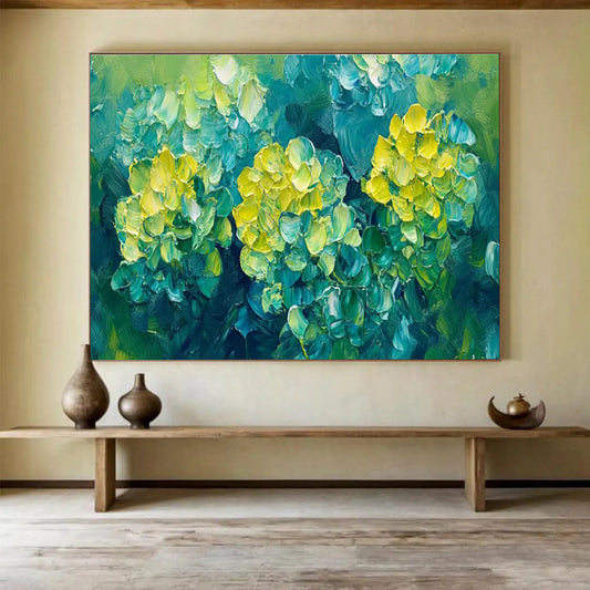 “Impasto Yellow Flowers on Green” - Fresh Botanical Painting On Canvas DKH799