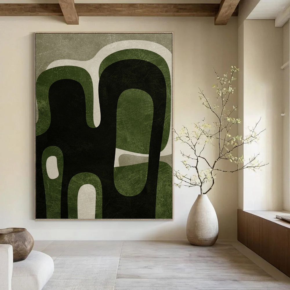 Green and Black Organic Shapes - Abstract Expressionist Painting On Canvas DKH1381