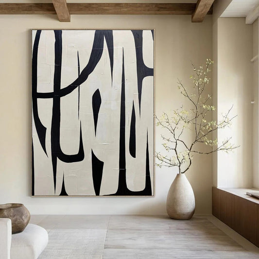 “Black - White Bold Linear Forms” – Graphic Abstract Painting CT1133