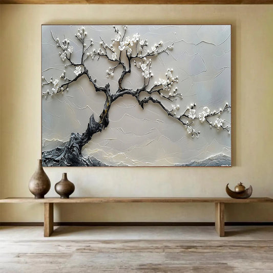 “Blossom Serenity” - Gray, White Textured Floral Relief - like Painting On Canvas DKH695