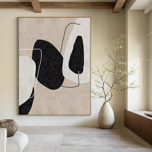 “Beige - Black - White Geometric Forms” – Geometric Abstract Painting CT1152