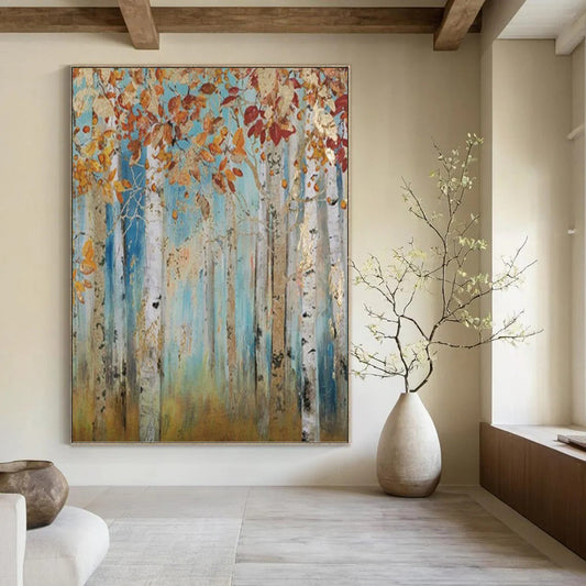 Autumn Birch Forest with Gold Accents - Landscape Painting On Canvas DKH1437