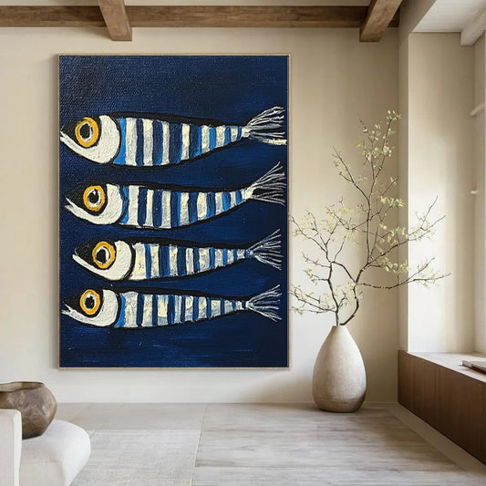 “Striped Fish on Blue” – Naive Art Painting CT1189