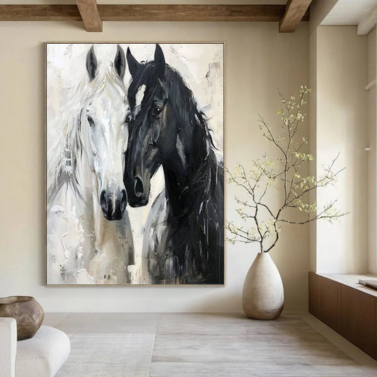 Black and White Horse Duet - Expressive Equine Painting On Canvas DKH1401