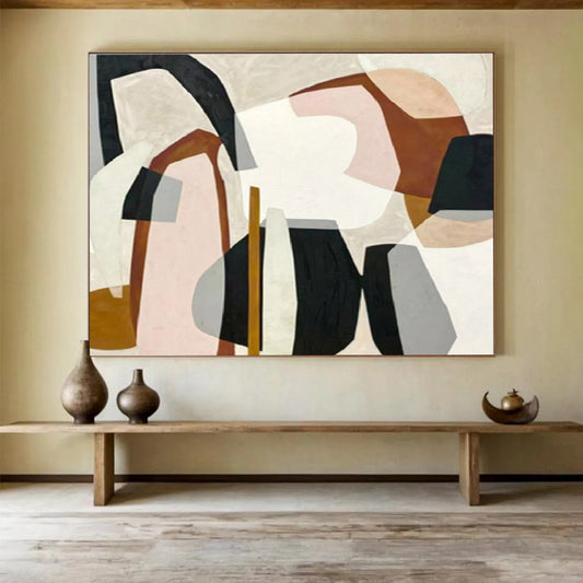 Soft - Toned Abstract Shapes with Beige, Pink, and Black, Minimalist Geometric Painting On Canvas DKH581