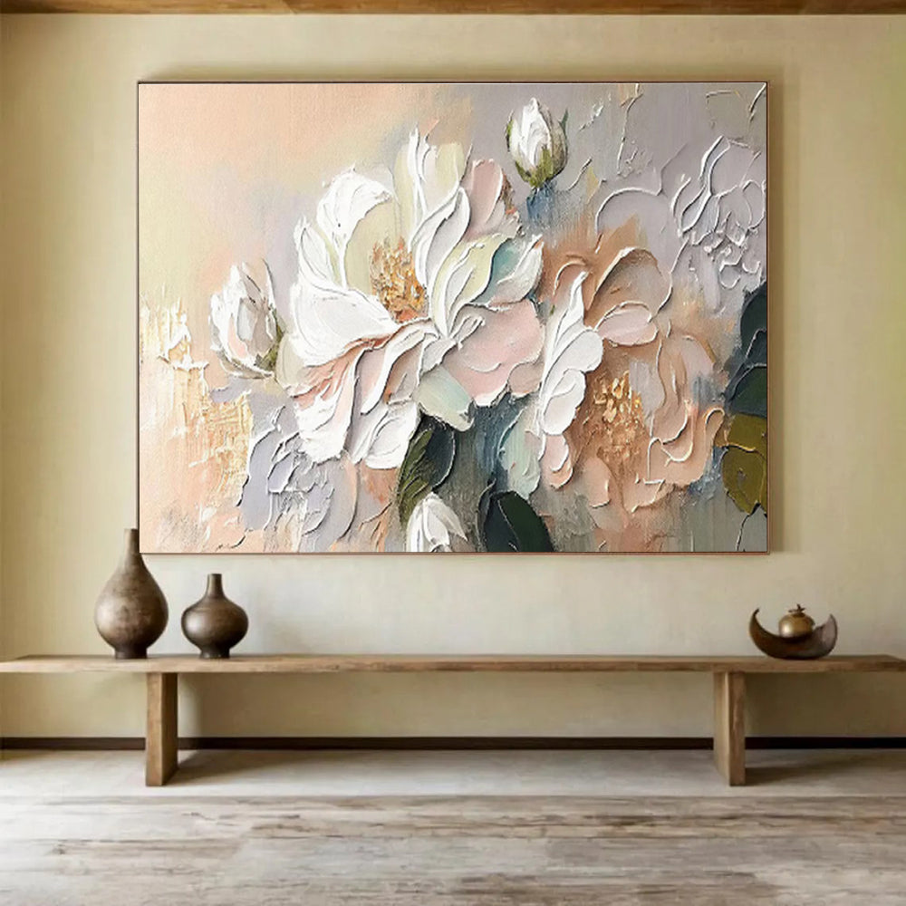 “Soft Blossom Touch” - White, Pink, Beige Textured Floral Impasto Painting On Canvas DKH713