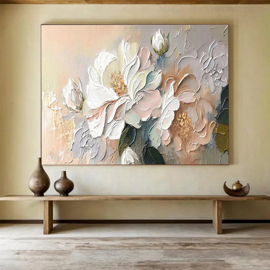 “Soft Blossom Touch” - White, Pink, Beige Textured Floral Impasto Painting On Canvas DKH713