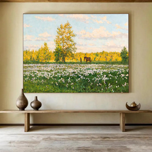 Meadow with Horse and Figure - Realist Landscape Painting On Canvas DLZ216