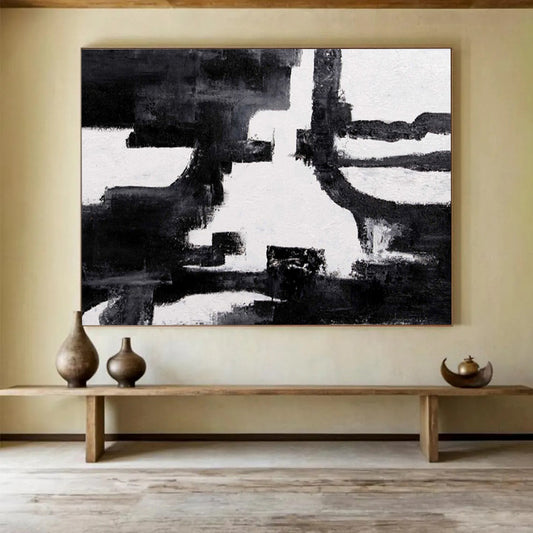 “Bold Black and White Abstract - Dynamic Shapes” Painting On Canvas DKH018