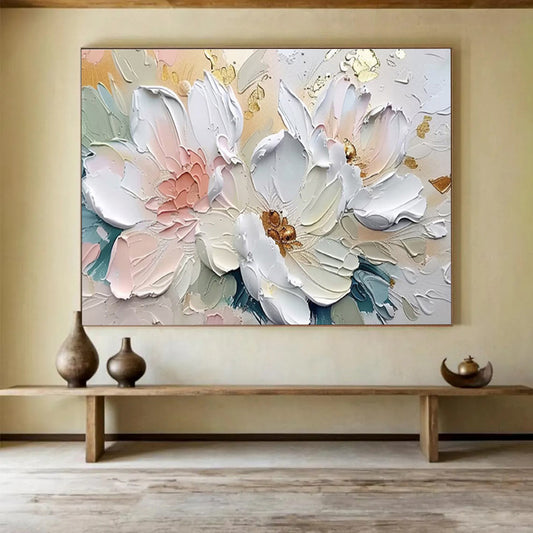 “Gilded Petal Elegance” - White, Pink, Gold Floral Relief - style Painting On Canvas DKH712