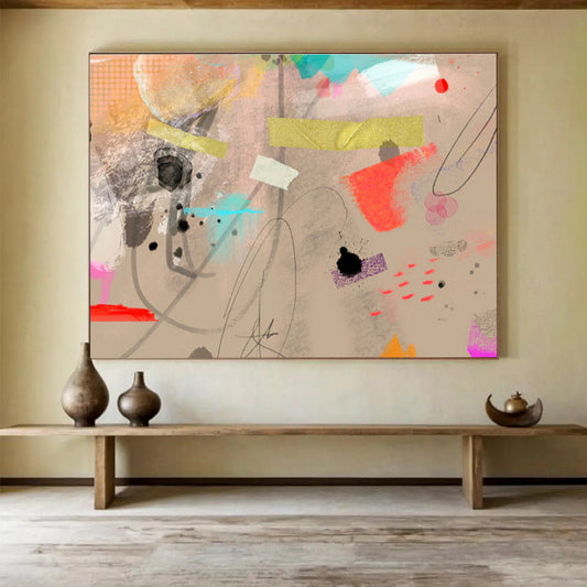 Eclectic Ink & Color Beige Colorful Splashes & Lines Painting On Canvas DKH204