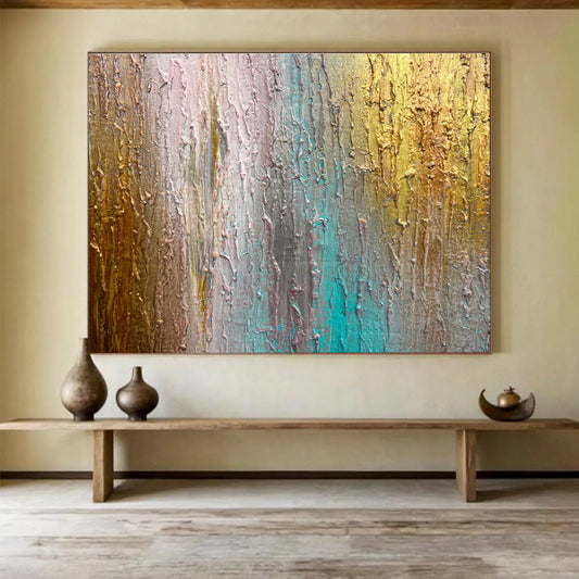 Colorful Textured Streaks - Gold, Blue & Pink Abstract Painting On Canvas DKH916