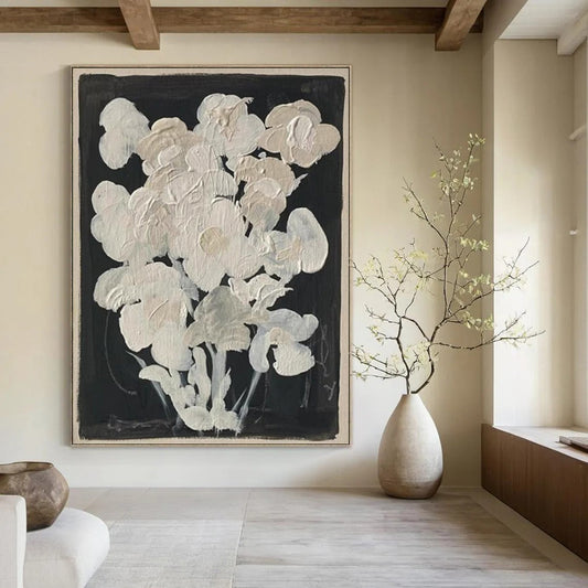 “White Flowers on Black” - Minimalist Floral Painting On Canvas DTP140