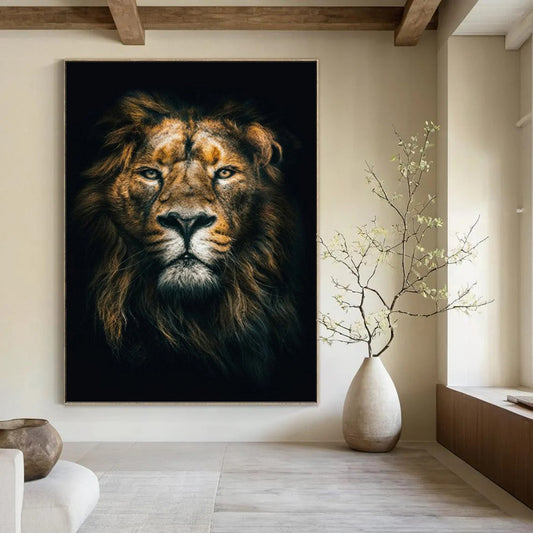 “Majestic Lion in Shadow” - Realistic Wildlife Portrait Painting On Canvas DKH1618
